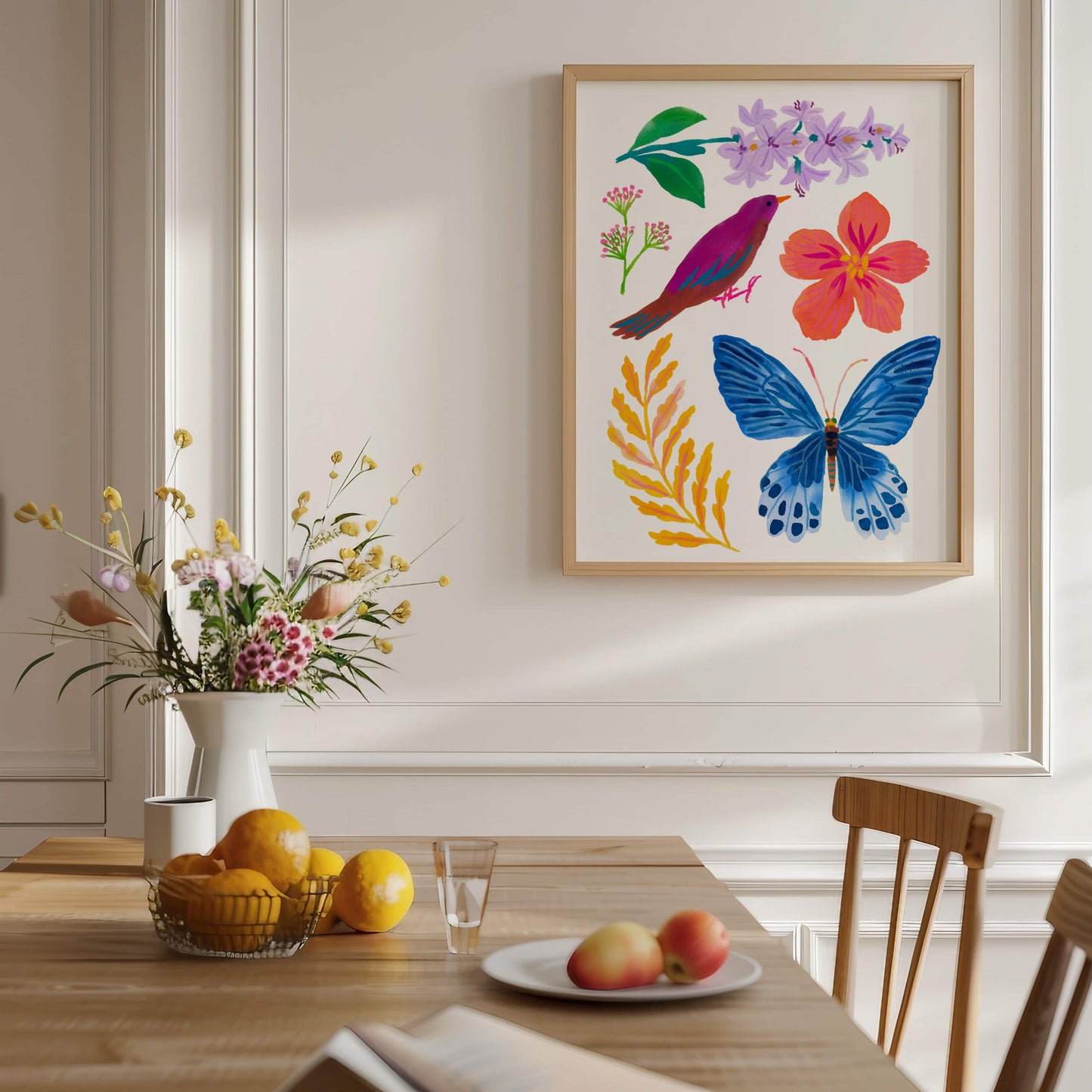 High-quality archival giclée art print by Sun Lee from the "Whispers of Spring" collection, featuring vibrant watercolor and gouache illustration of flowers, birds, and butterflies. Perfect for modern boho, Scandinavian, and nature-inspired homes, as well as eclectic and minimalist spaces. Ideal for nurseries and children's rooms, bringing color, joy, and tranquility to any space.