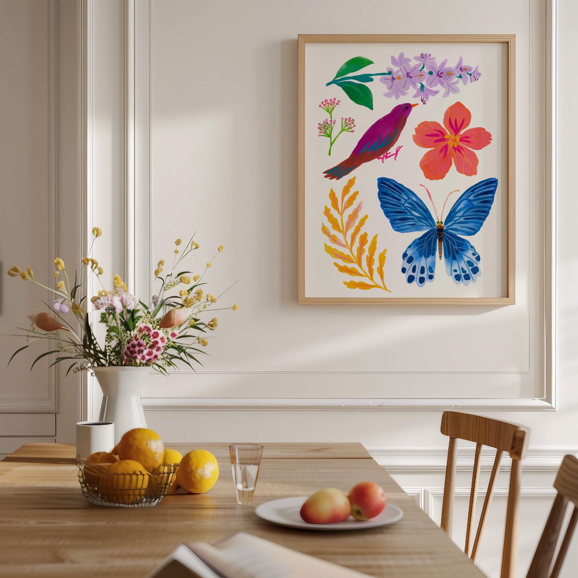 High-quality archival giclée art print by Sun Lee from the "Whispers of Spring" collection, featuring vibrant watercolor and gouache illustration of flowers, birds, and butterflies. Perfect for modern boho, Scandinavian, and nature-inspired homes, as well as eclectic and minimalist spaces. Ideal for nurseries and children's rooms, bringing color, joy, and tranquility to any space.