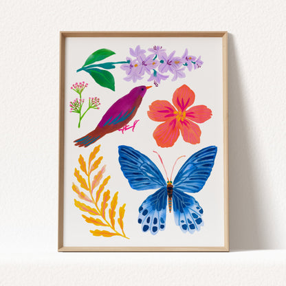 High-quality archival giclée art print by Sun Lee from the "Whispers of Spring" collection, featuring vibrant watercolor and gouache illustration of flowers, birds, and butterflies. Perfect for modern boho, Scandinavian, and nature-inspired homes, as well as eclectic and minimalist spaces. Ideal for nurseries and children's rooms, bringing color, joy, and tranquility to any space.