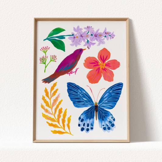 High-quality archival giclée art print by Sun Lee from the "Whispers of Spring" collection, featuring vibrant watercolor and gouache illustration of flowers, birds, and butterflies. Perfect for modern boho, Scandinavian, and nature-inspired homes, as well as eclectic and minimalist spaces. Ideal for nurseries and children's rooms, bringing color, joy, and tranquility to any space.