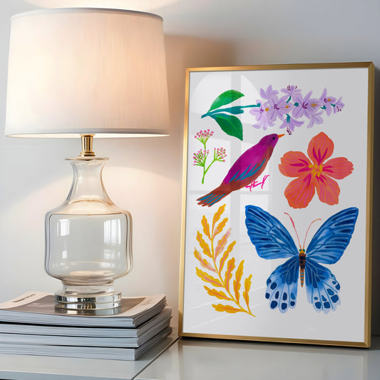 High-quality giclée art print by Sun Lee from the "Whispers of Spring" collection, featuring vibrant watercolor and gouache illustration of flowers, birds, and butterflies. Perfect for modern boho, Scandinavian, and nature-inspired homes, as well as eclectic and minimalist spaces. Ideal for nurseries and children's rooms, bringing color, joy, and tranquility to any space.