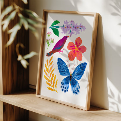 High-quality archival giclée art print by Sun Lee from the "Whispers of Spring" collection, featuring vibrant watercolor and gouache illustration of flowers, birds, and butterflies. Perfect for modern boho, Scandinavian, and nature-inspired homes, as well as eclectic and minimalist spaces. Ideal for nurseries and children's rooms, bringing color, joy, and tranquility to any space.