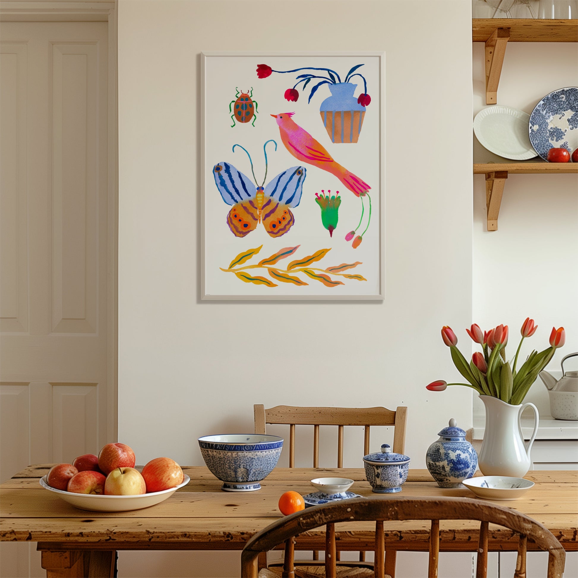 High-quality archival giclée art print by Sun Lee from the "Whispers of Spring" collection, featuring vibrant watercolor and gouache illustration of flowers, birds, and butterflies. Perfect for modern boho, Scandinavian, and nature-inspired homes, as well as eclectic and minimalist spaces. Ideal for nurseries and children's rooms, bringing color, joy, and tranquility to any space.