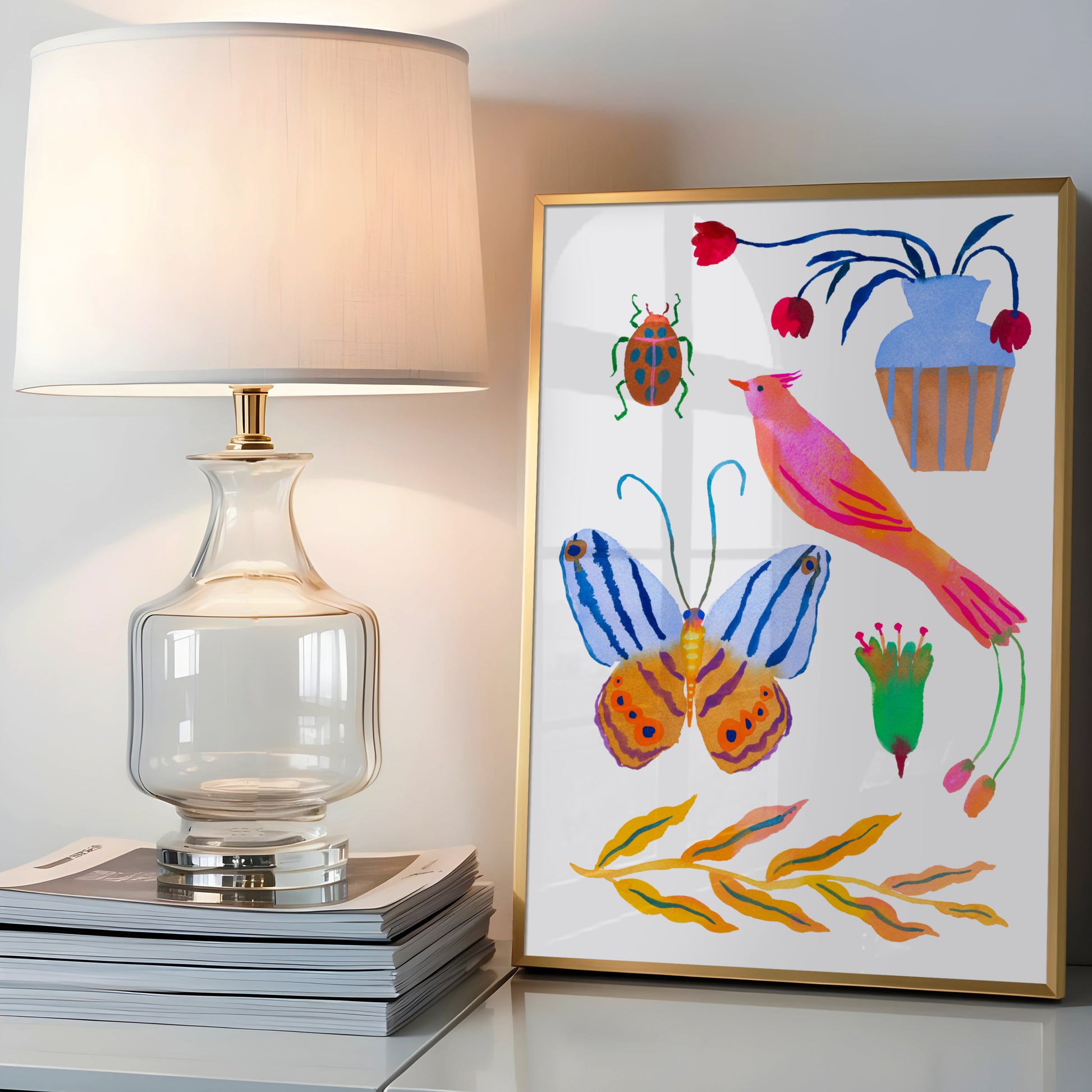 High-quality archival giclée art print by Sun Lee from the "Whispers of Spring" collection, featuring vibrant watercolor and gouache illustration of flowers, birds, and butterflies. Perfect for modern boho, Scandinavian, and nature-inspired homes, as well as eclectic and minimalist spaces. Ideal for nurseries and children's rooms, bringing color, joy, and tranquility to any space.