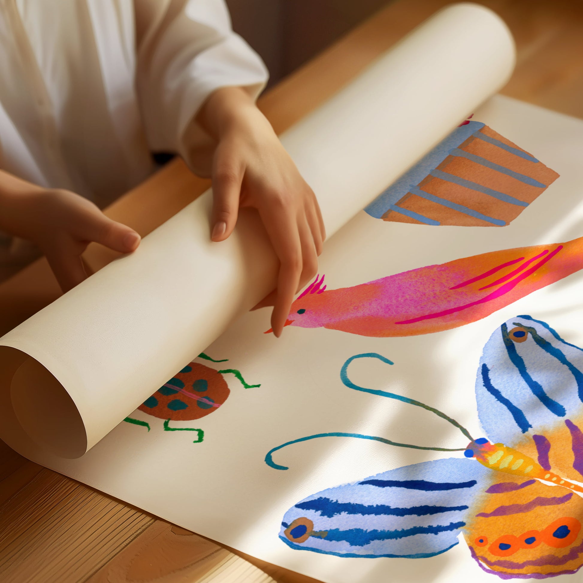 High-quality archival giclée art print by Sun Lee from the "Whispers of Spring" collection, featuring vibrant watercolor and gouache illustration of flowers, birds, and butterflies. Perfect for modern boho, Scandinavian, and nature-inspired homes, as well as eclectic and minimalist spaces. Ideal for nurseries and children's rooms, bringing color, joy, and tranquility to any space.