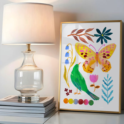 High-quality archival giclée art print by Sun Lee from the "Whispers of Spring" collection, featuring vibrant watercolor and gouache illustration of flowers, birds, and butterflies. Perfect for modern boho, Scandinavian, and nature-inspired homes, as well as eclectic and minimalist spaces. Ideal for nurseries and children's rooms, bringing color, joy, and tranquility to any space.