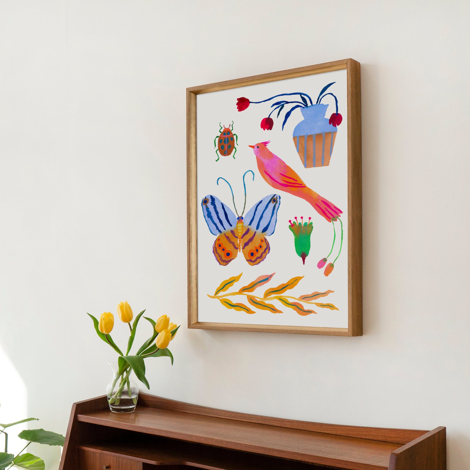High-quality archival giclée art print by Sun Lee from the "Whispers of Spring" collection, featuring vibrant watercolor and gouache illustration of flowers, birds, and butterflies. Perfect for modern boho, Scandinavian, and nature-inspired homes, as well as eclectic and minimalist spaces. Ideal for nurseries and children's rooms, bringing color, joy, and tranquility to any space.