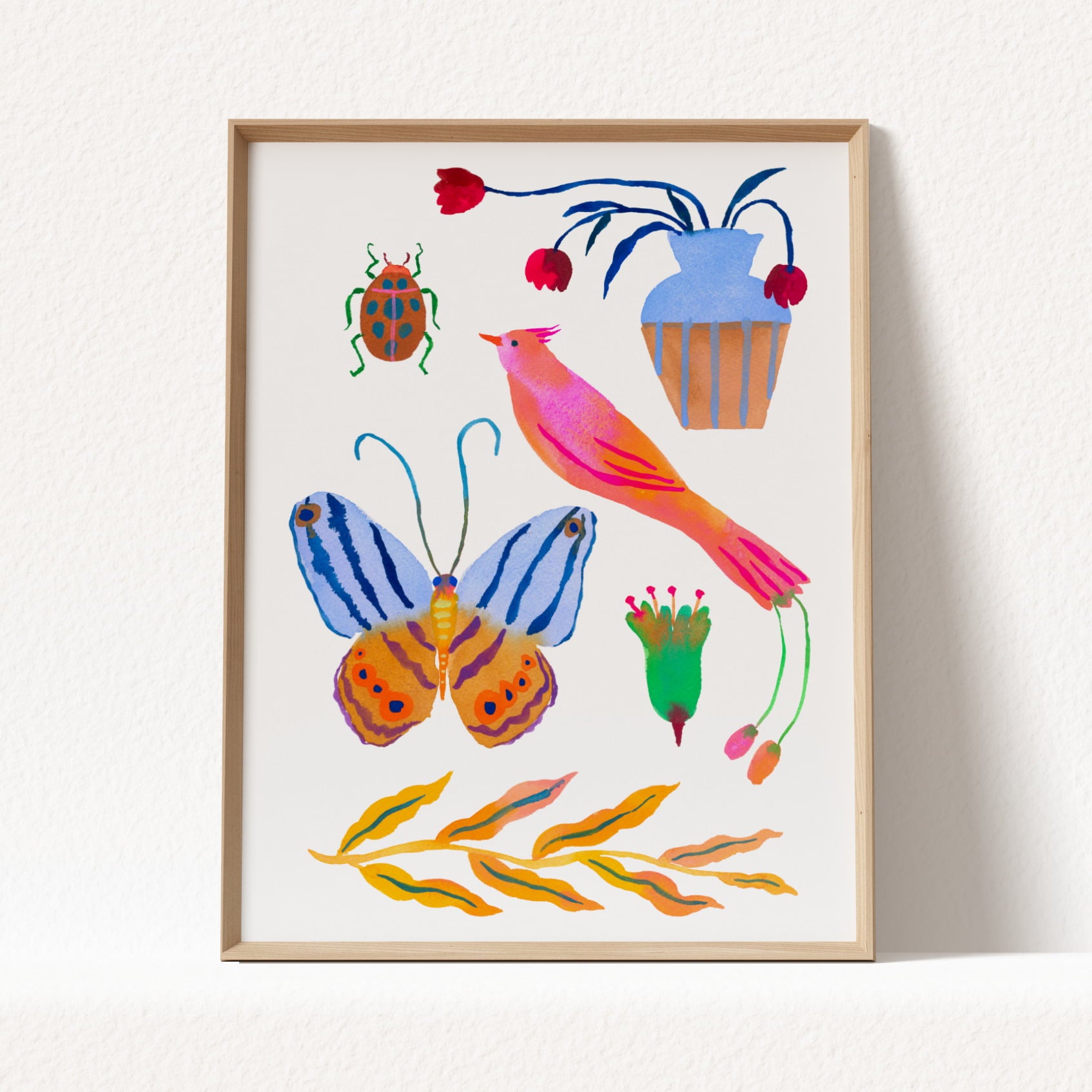 High-quality archival giclée art print by Sun Lee from the "Whispers of Spring" collection, featuring vibrant watercolor and gouache illustration of flowers, birds, and butterflies. Perfect for modern boho, Scandinavian, and nature-inspired homes, as well as eclectic and minimalist spaces. Ideal for nurseries and children's rooms, bringing color, joy, and tranquility to any space.