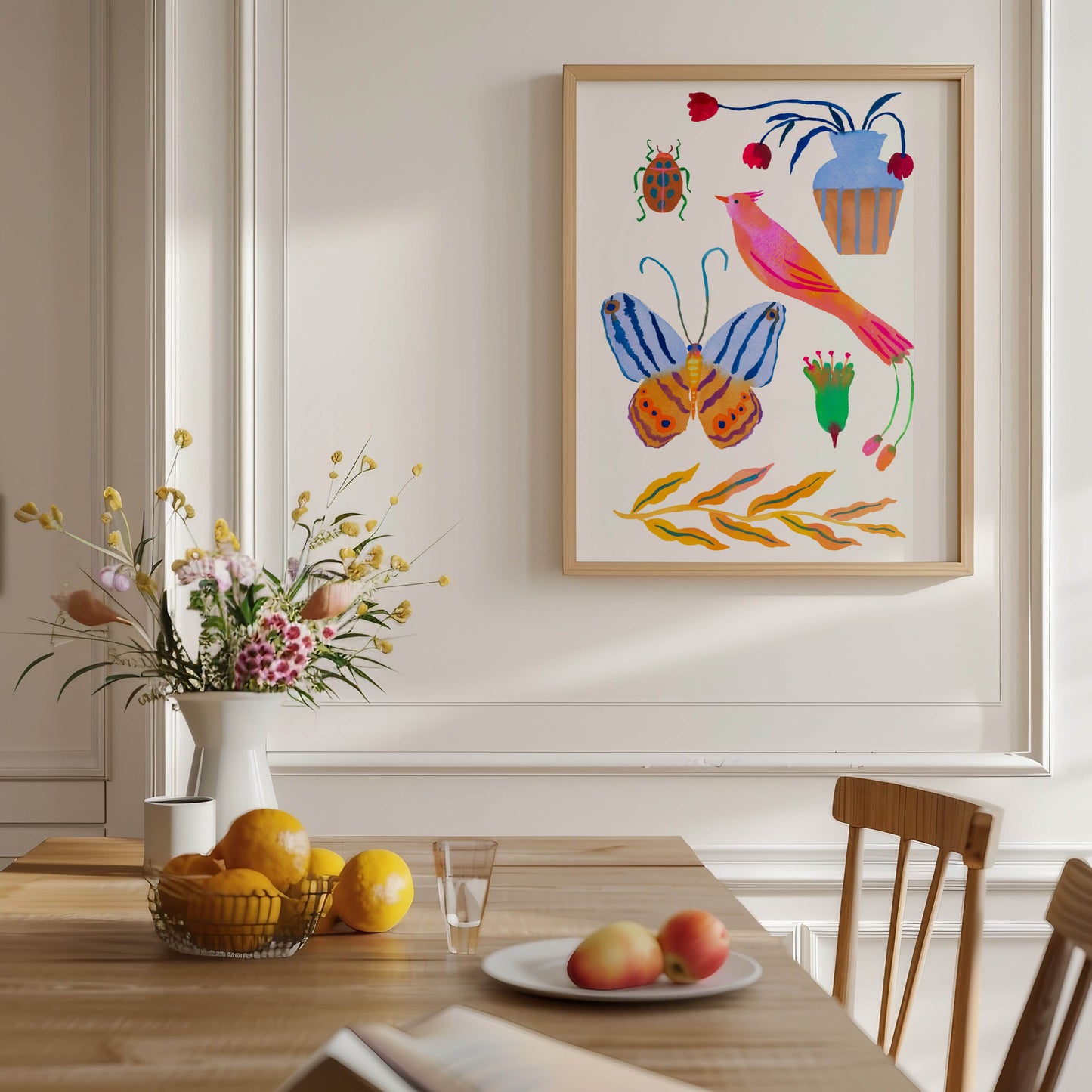 High-quality archival giclée art print by Sun Lee from the "Whispers of Spring" collection, featuring vibrant watercolor and gouache illustration of flowers, birds, and butterflies. Perfect for modern boho, Scandinavian, and nature-inspired homes, as well as eclectic and minimalist spaces. Ideal for nurseries and children's rooms, bringing color, joy, and tranquility to any space.