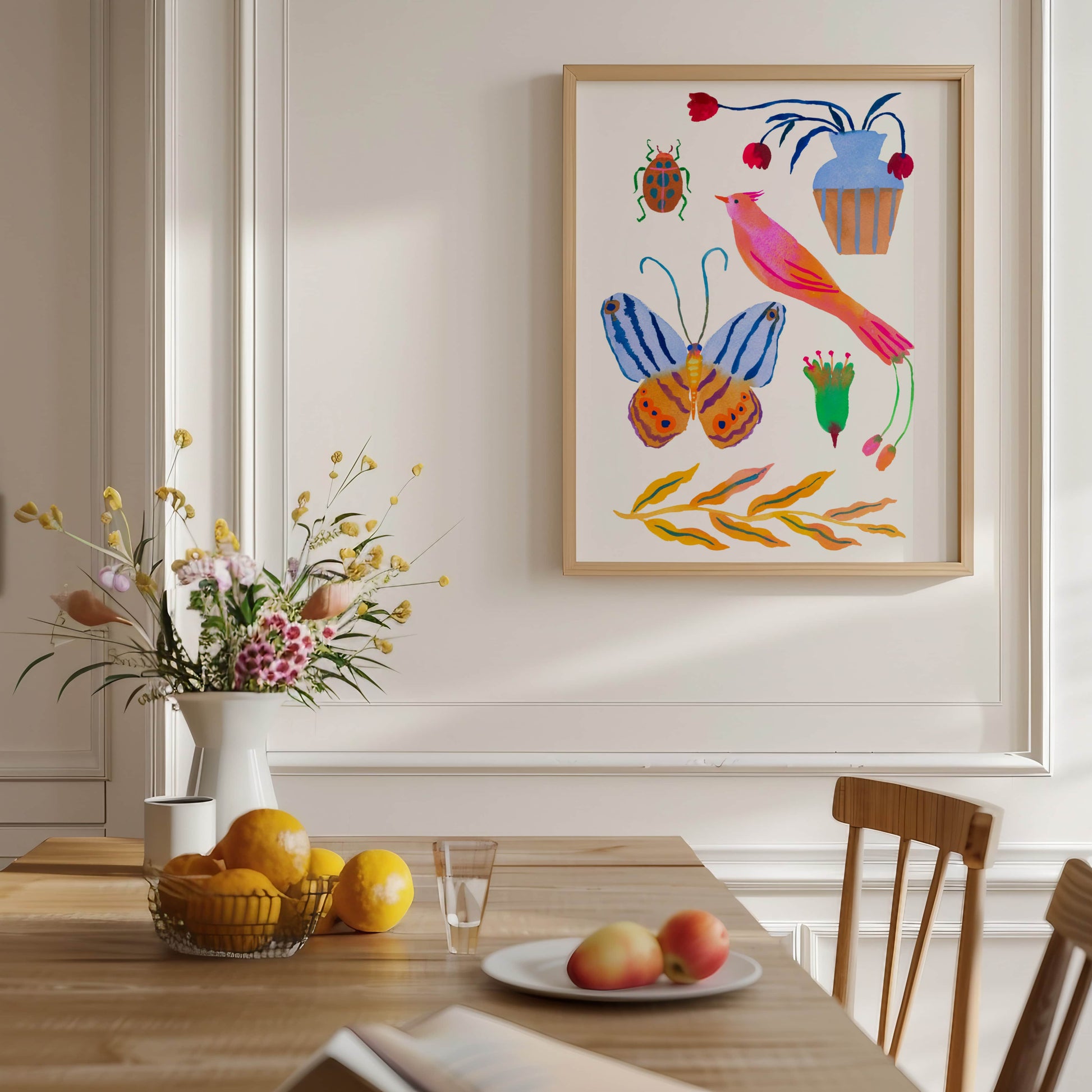 High-quality archival giclée art print by Sun Lee from the "Whispers of Spring" collection, featuring vibrant watercolor and gouache illustration of flowers, birds, and butterflies. Perfect for modern boho, Scandinavian, and nature-inspired homes, as well as eclectic and minimalist spaces. Ideal for nurseries and children's rooms, bringing color, joy, and tranquility to any space.