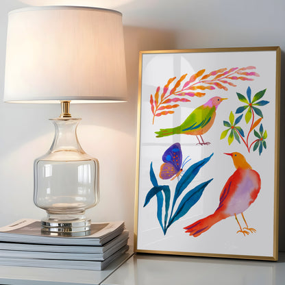 High-quality giclée print by Sun Lee from the "Whispers of Spring" collection, featuring vibrant watercolor and gouache painting of flowers, birds, butterflies, and insects. This aesthetic watercolor artwork brings color, joy, and tranquility to any space. Ideal for modern boho, Scandinavian, nature-inspired, eclectic, and minimalist homes—perfect for nurseries and children's rooms.


