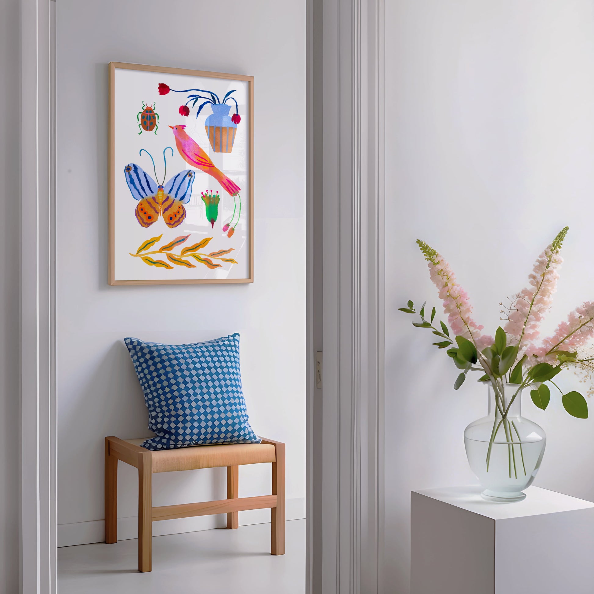 High-quality archival giclée art print by Sun Lee from the "Whispers of Spring" collection, featuring vibrant watercolor and gouache illustration of flowers, birds, and butterflies. Perfect for modern boho, Scandinavian, and nature-inspired homes, as well as eclectic and minimalist spaces. Ideal for nurseries and children's rooms, bringing color, joy, and tranquility to any space.