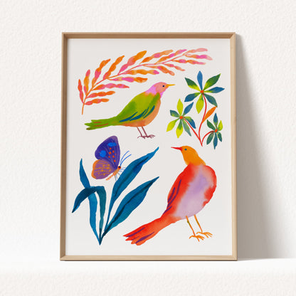 High-quality giclée print by Sun Lee from the "Whispers of Spring" collection, featuring vibrant watercolor and gouache painting of flowers, birds, butterflies, and insects. This aesthetic watercolor artwork brings color, joy, and tranquility to any space. Ideal for modern boho, Scandinavian, nature-inspired, eclectic, and minimalist homes—perfect for nurseries and children's rooms.

