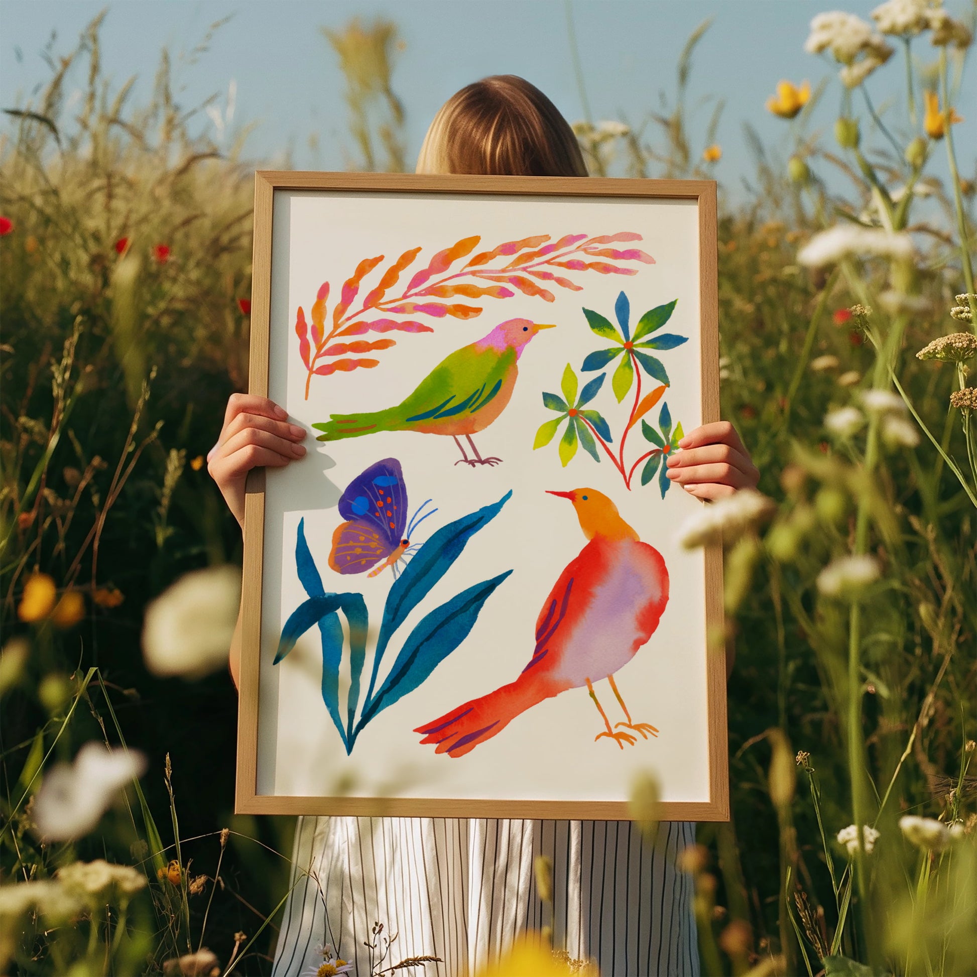 High-quality giclée print by Sun Lee from the "Whispers of Spring" collection, featuring vibrant watercolor and gouache painting of flowers, birds, butterflies, and insects. This aesthetic watercolor artwork brings color, joy, and tranquility to any space. Ideal for modern boho, Scandinavian, nature-inspired, eclectic, and minimalist homes—perfect for nurseries and children's rooms.

