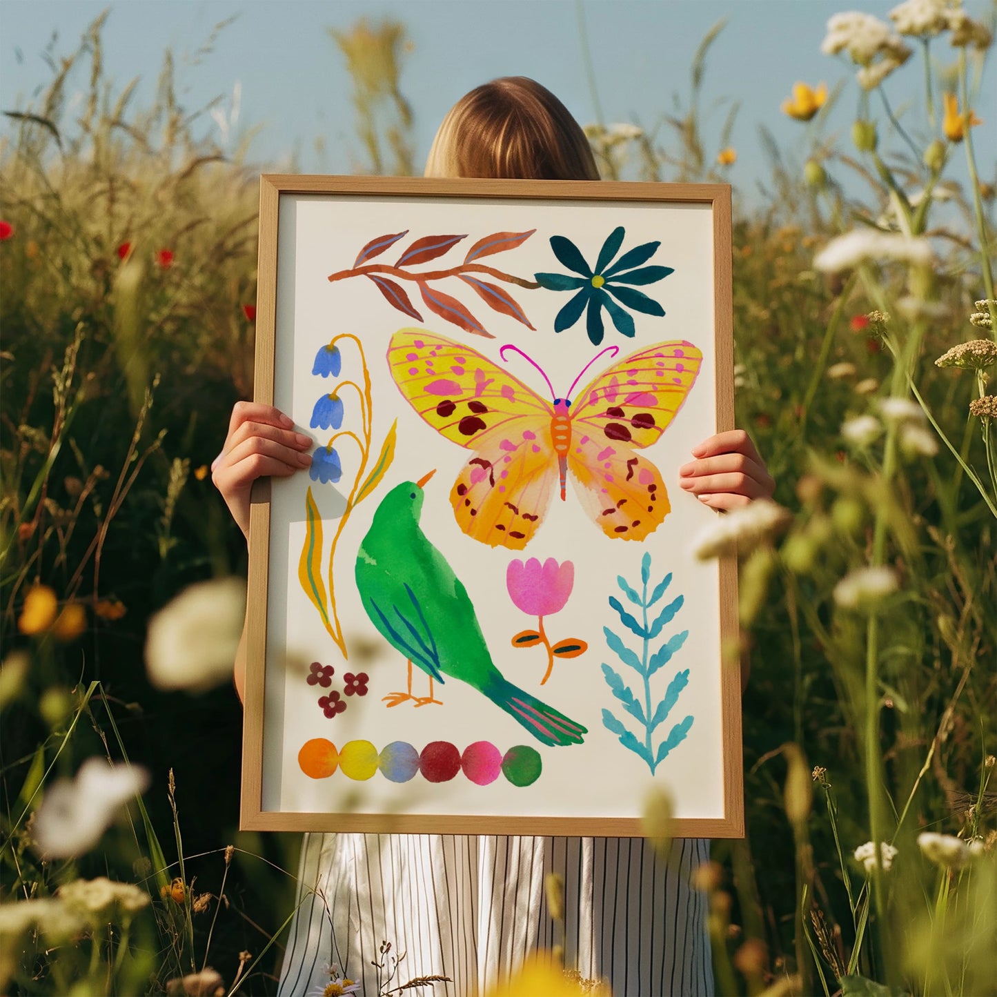 High-quality archival giclée art print by Sun Lee from the "Whispers of Spring" collection, featuring vibrant watercolor and gouache illustration of flowers, birds, and butterflies. Perfect for modern boho, Scandinavian, and nature-inspired homes, as well as eclectic and minimalist spaces. Ideal for nurseries and children's rooms, bringing color, joy, and tranquility to any space.
