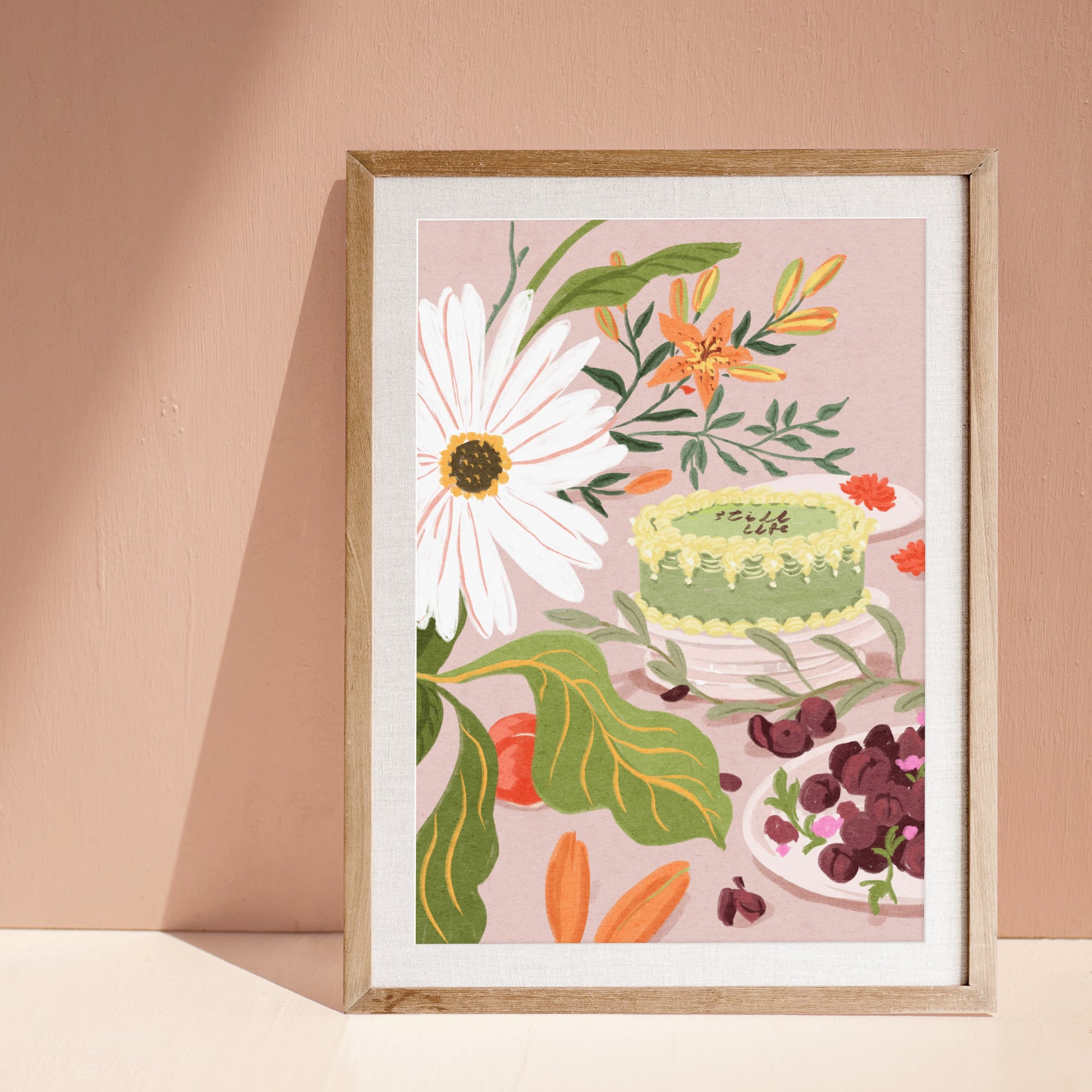Whimsical dessert art print featuring a pastel green cake, blossoms, and fruit.
