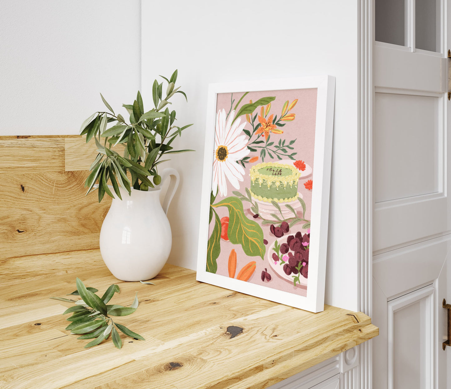 Botanical and dessert-themed artwork with vibrant blooms and a charming cake centerpiece.
