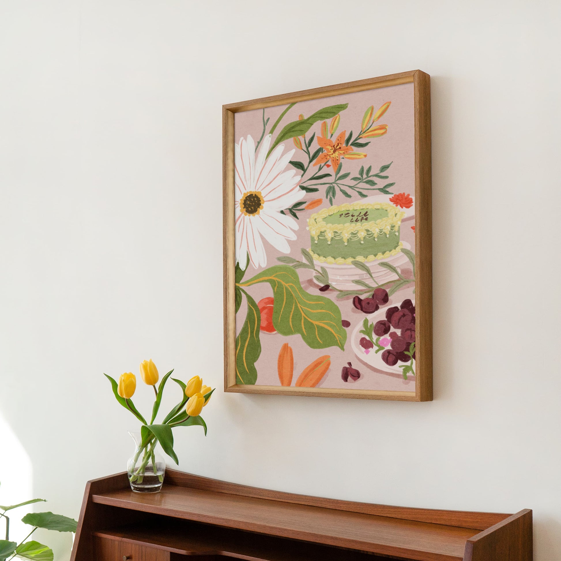 Botanical and dessert-themed artwork with vibrant blooms and a charming cake centerpiece.