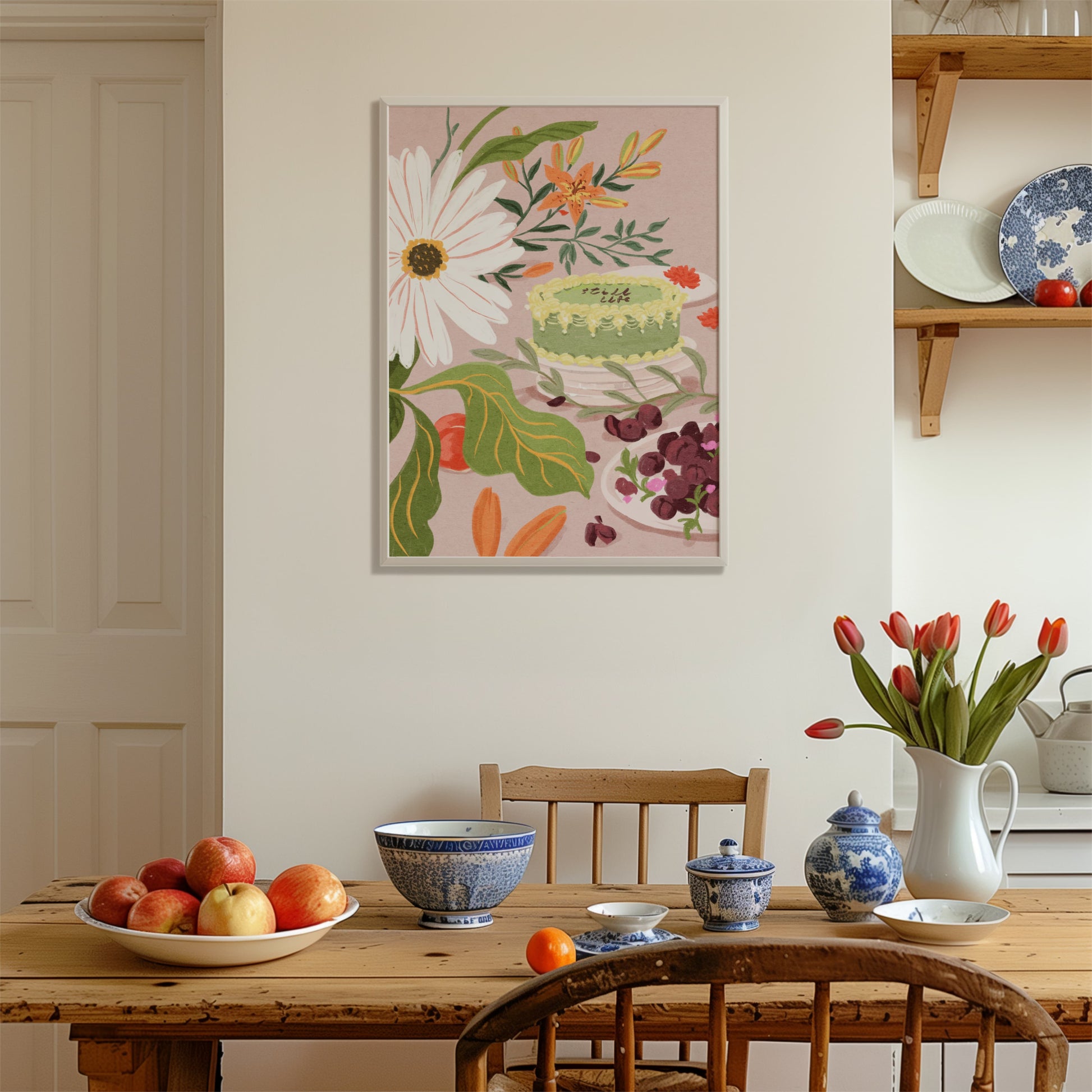 Botanical and dessert-themed artwork with vibrant blooms and a charming cake centerpiece.