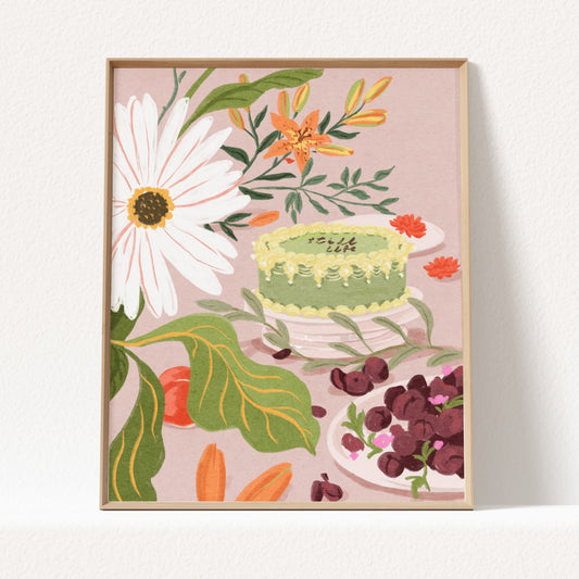 Illustrated still life of a green floral cake surrounded by colorful flowers.