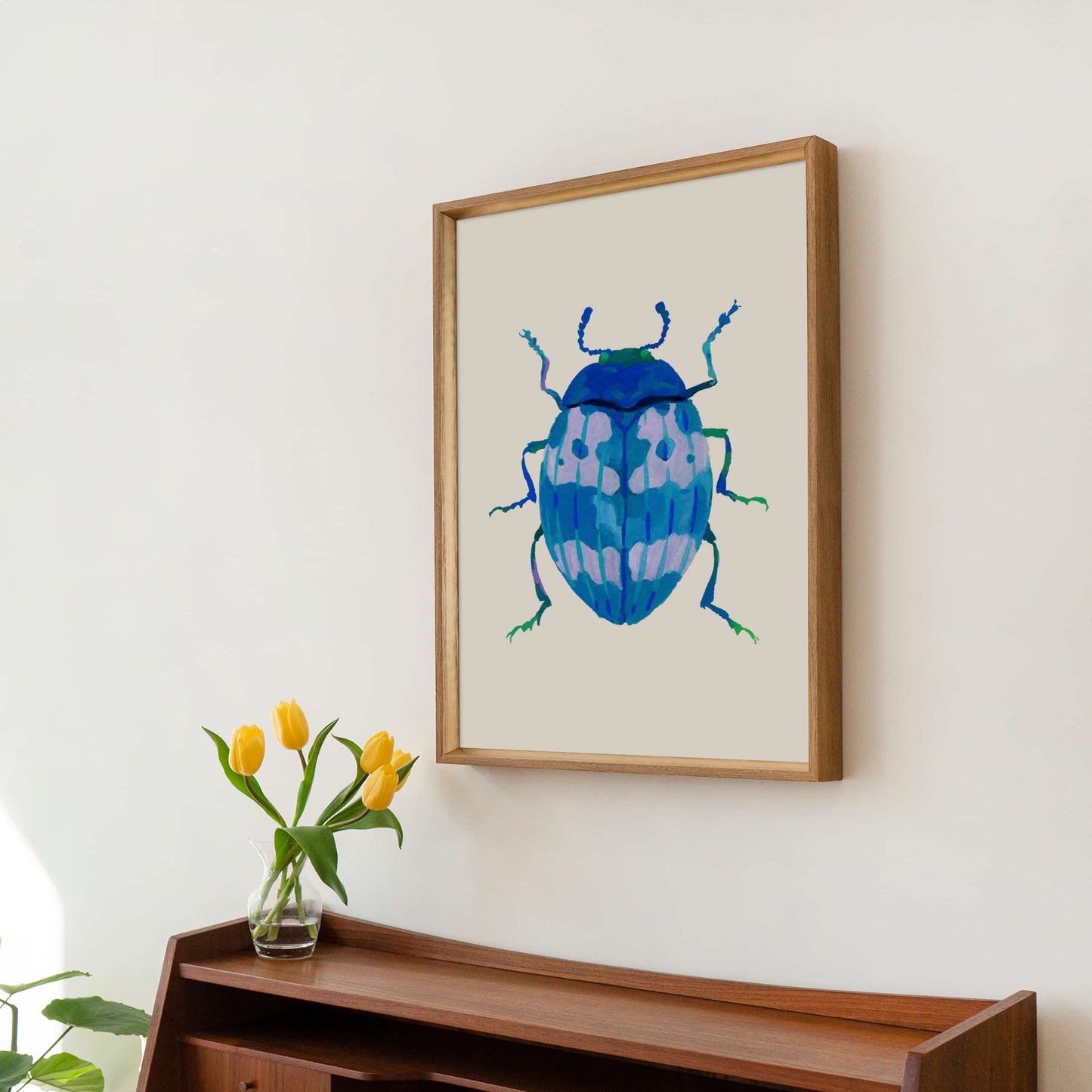 Blue-toned beetle illustration featuring shades of cerulean, painted with gouache. A gentle, dreamy insect artwork based on a real beetle shape.