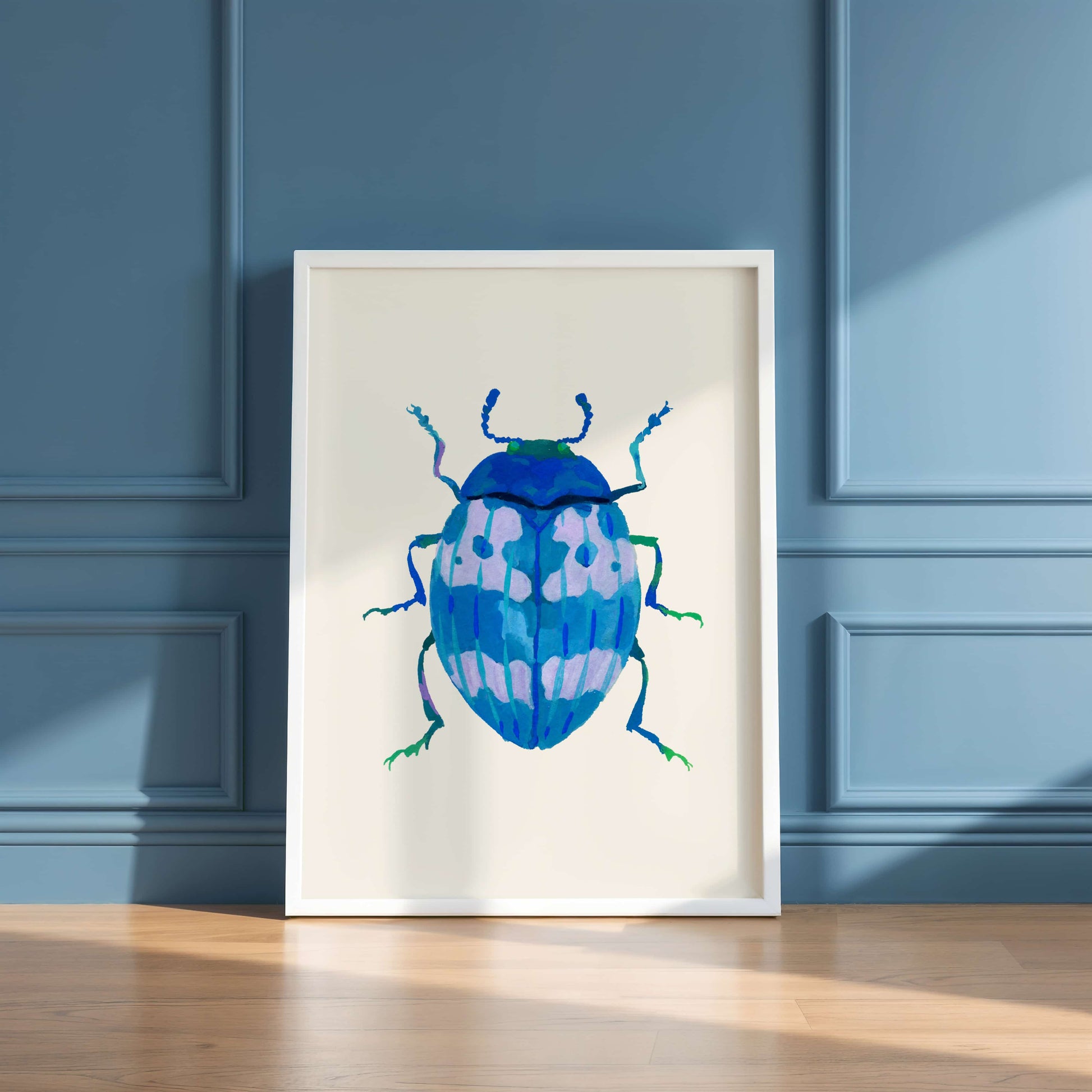 Blue-toned beetle illustration featuring shades of cerulean, painted with gouache. A gentle, dreamy insect artwork based on a real beetle shape.