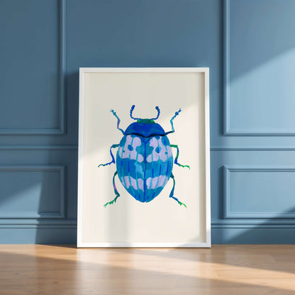 Blue-toned beetle illustration featuring shades of cerulean, painted with gouache. A gentle, dreamy insect artwork based on a real beetle shape.