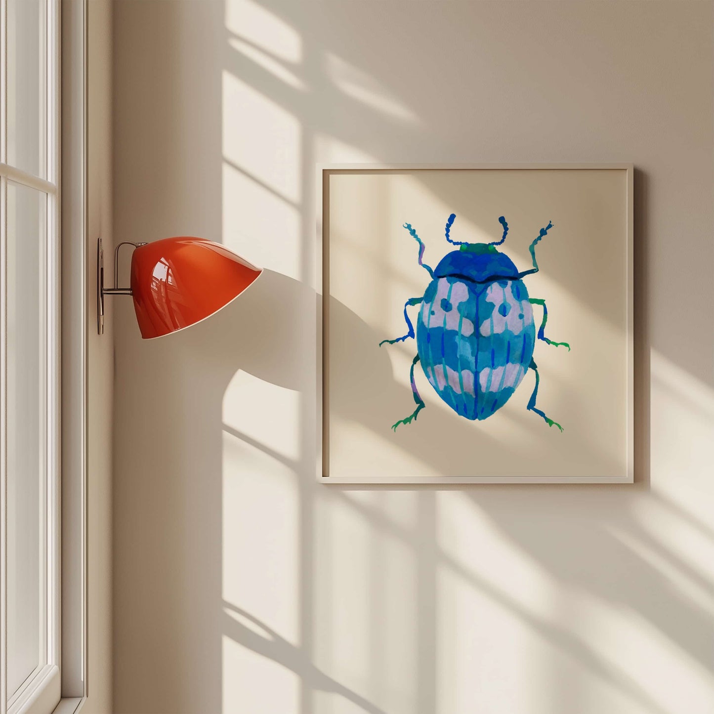 Gouache painting of a cerulean beetle with layered shades of blue, inspired by real beetle anatomy and reimagined in calming, cool tones.