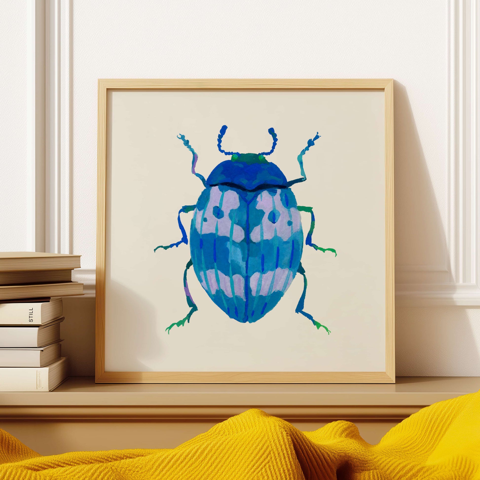rt print of a beetle in soft cerulean and blue hues, hand-painted in gouache with delicate textures and a nature-inspired form.