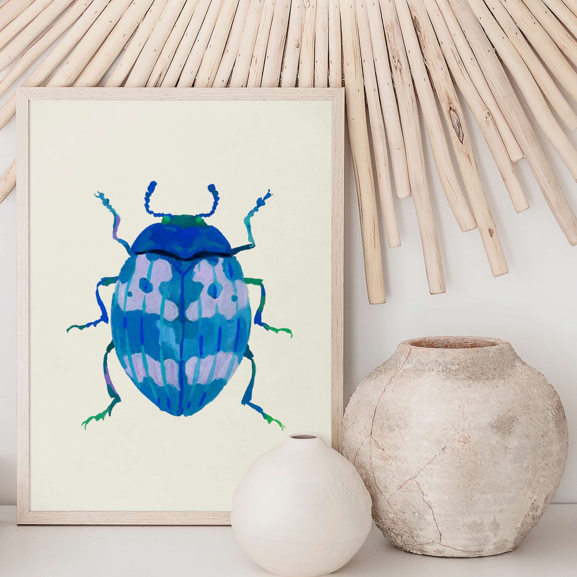 rt print of a beetle in soft cerulean and blue hues, hand-painted in gouache with delicate textures and a nature-inspired form.