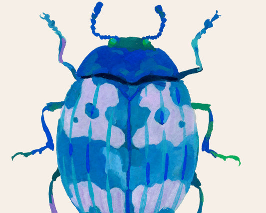 Gouache painting of a cerulean beetle with layered shades of blue, inspired by real beetle anatomy and reimagined in calming, cool tones.