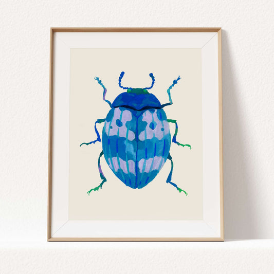Gouache painting of a cerulean beetle with layered shades of blue, inspired by real beetle anatomy and reimagined in calming, cool tones.