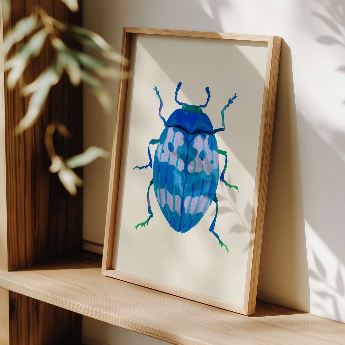 Blue-toned beetle illustration featuring shades of cerulean, painted with gouache. A gentle, dreamy insect artwork based on a real beetle shape.