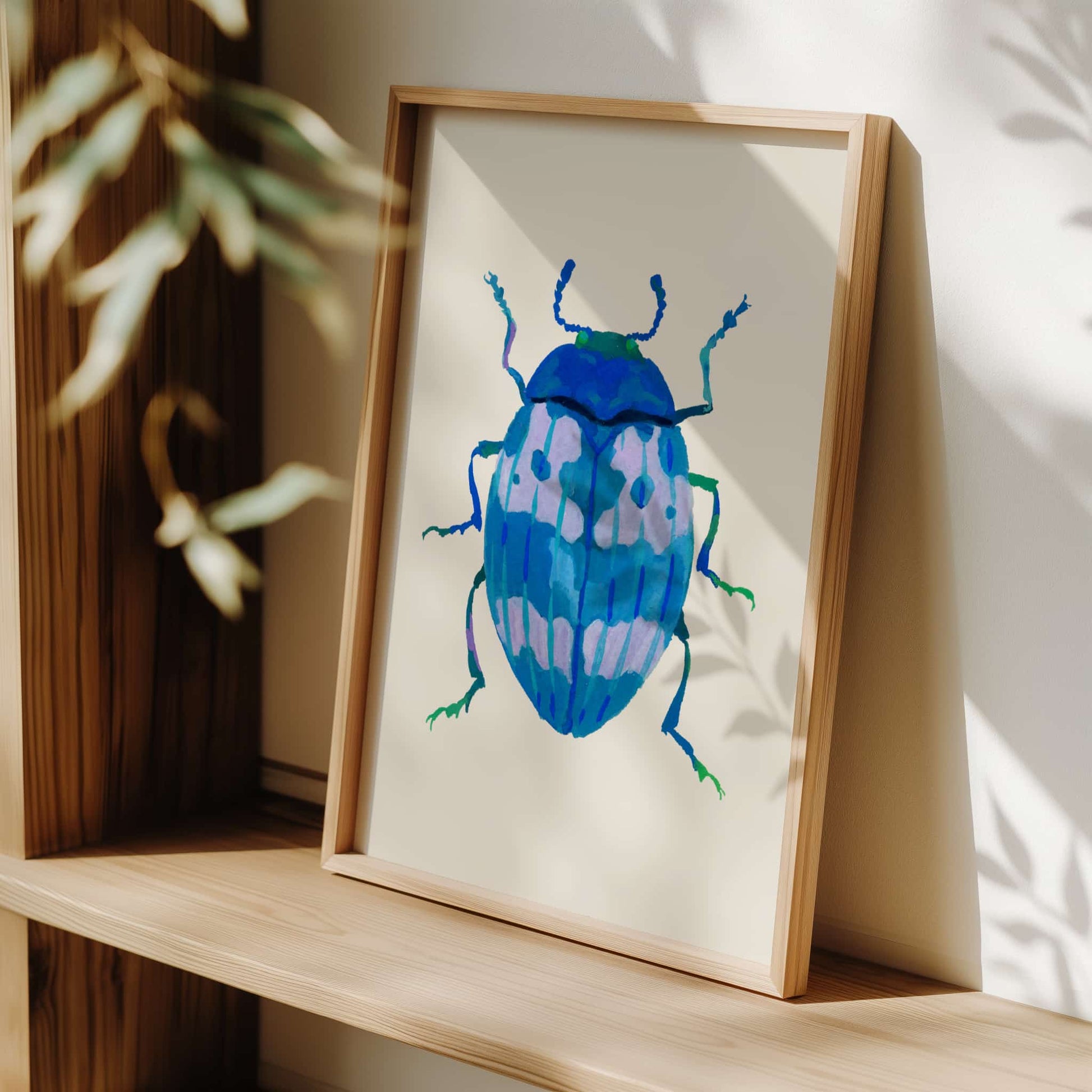 Blue-toned beetle illustration featuring shades of cerulean, painted with gouache. A gentle, dreamy insect artwork based on a real beetle shape.