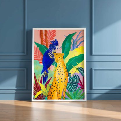 Colorful jungle art print featuring a resting cheetah, blue cockatoo, lush tropical leaves, and exotic flowers.