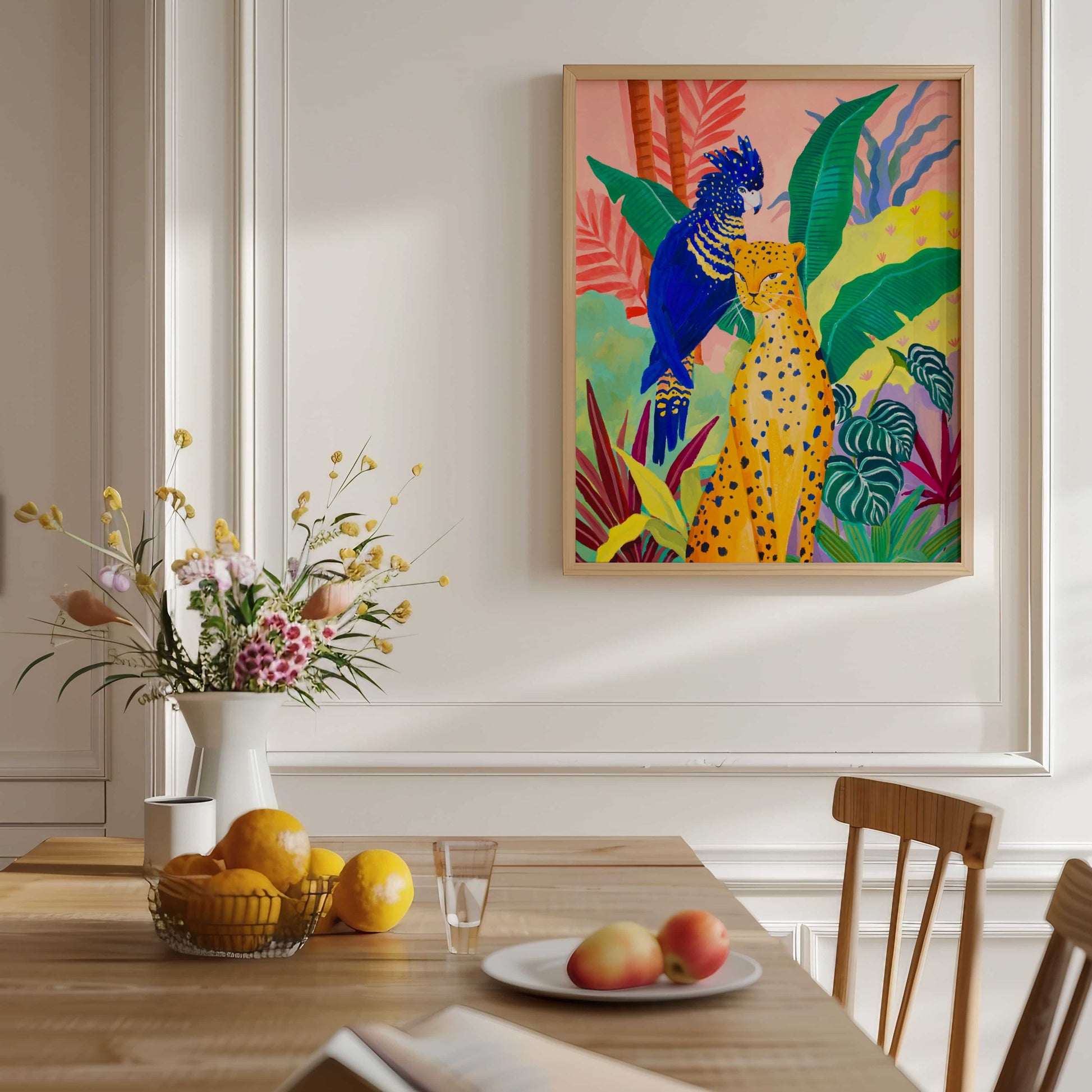 Tropical wildlife artwork of a cheetah surrounded by vibrant botanicals with a blue cockatoo perched nearby.