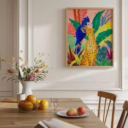 Tropical wildlife artwork of a cheetah surrounded by vibrant botanicals with a blue cockatoo perched nearby.