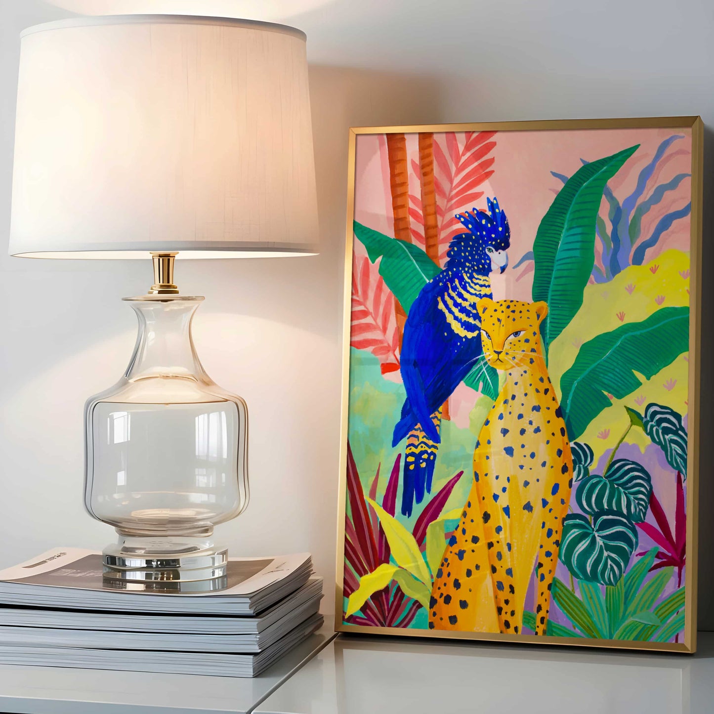 Tropical wildlife artwork of a cheetah surrounded by vibrant botanicals with a blue cockatoo perched nearby.