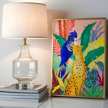 Tropical wildlife artwork of a cheetah surrounded by vibrant botanicals with a blue cockatoo perched nearby.