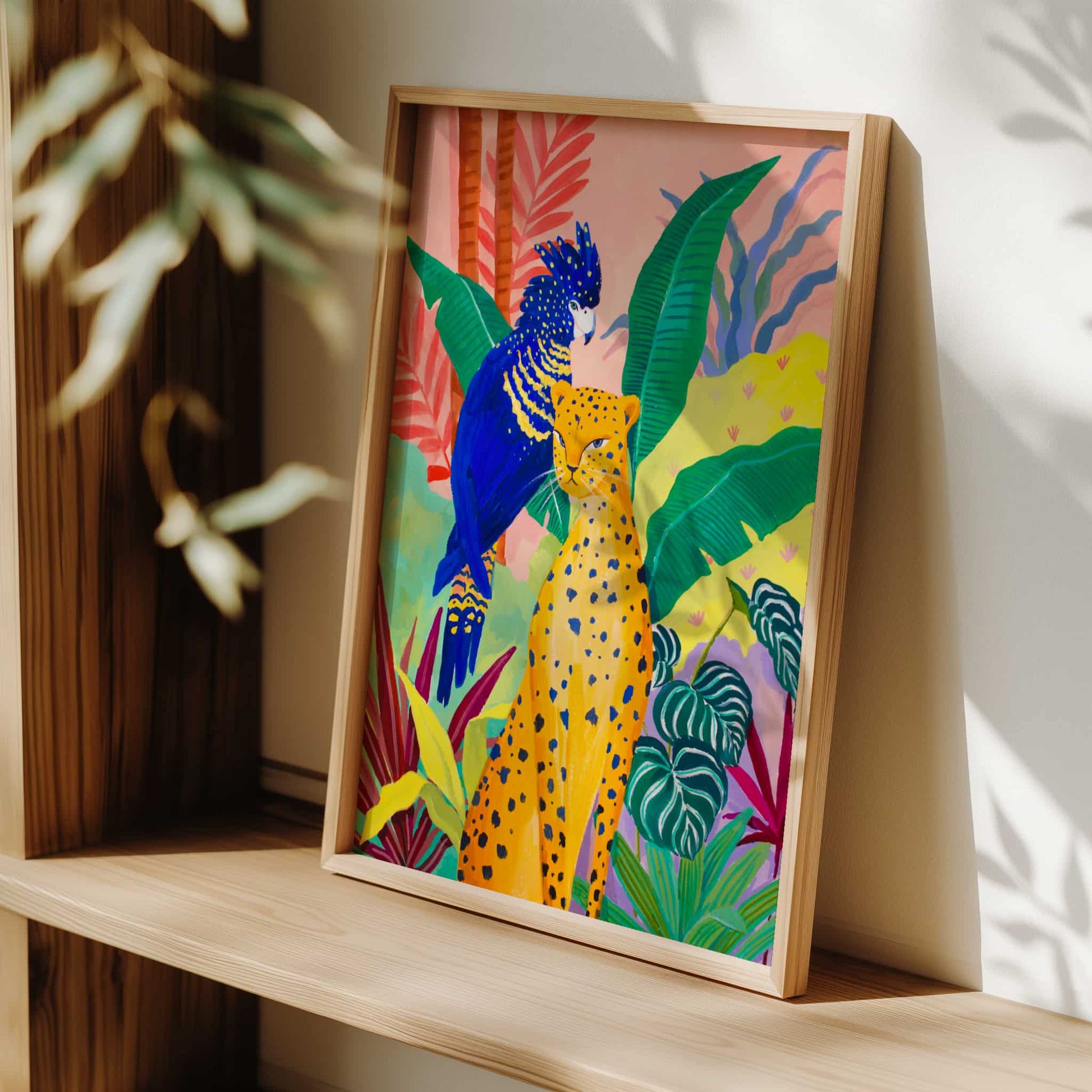 Nature-inspired jungle wall art with a majestic cheetah, colorful tropical plants, and an exotic blue bird.