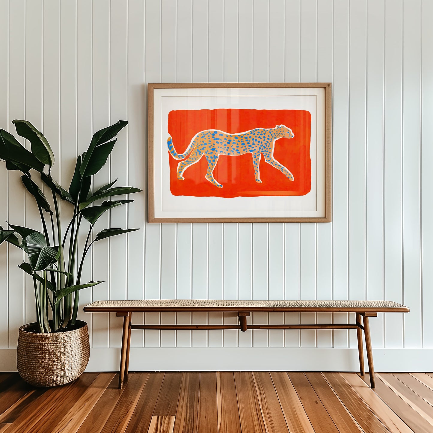 High quality giclée print of a gouache painting by watercolor artist Sun Lee. Features a cheetah walking in profile on a vermilion background. Aesthetic watercolor artwork combining elegance and bold simplicity.