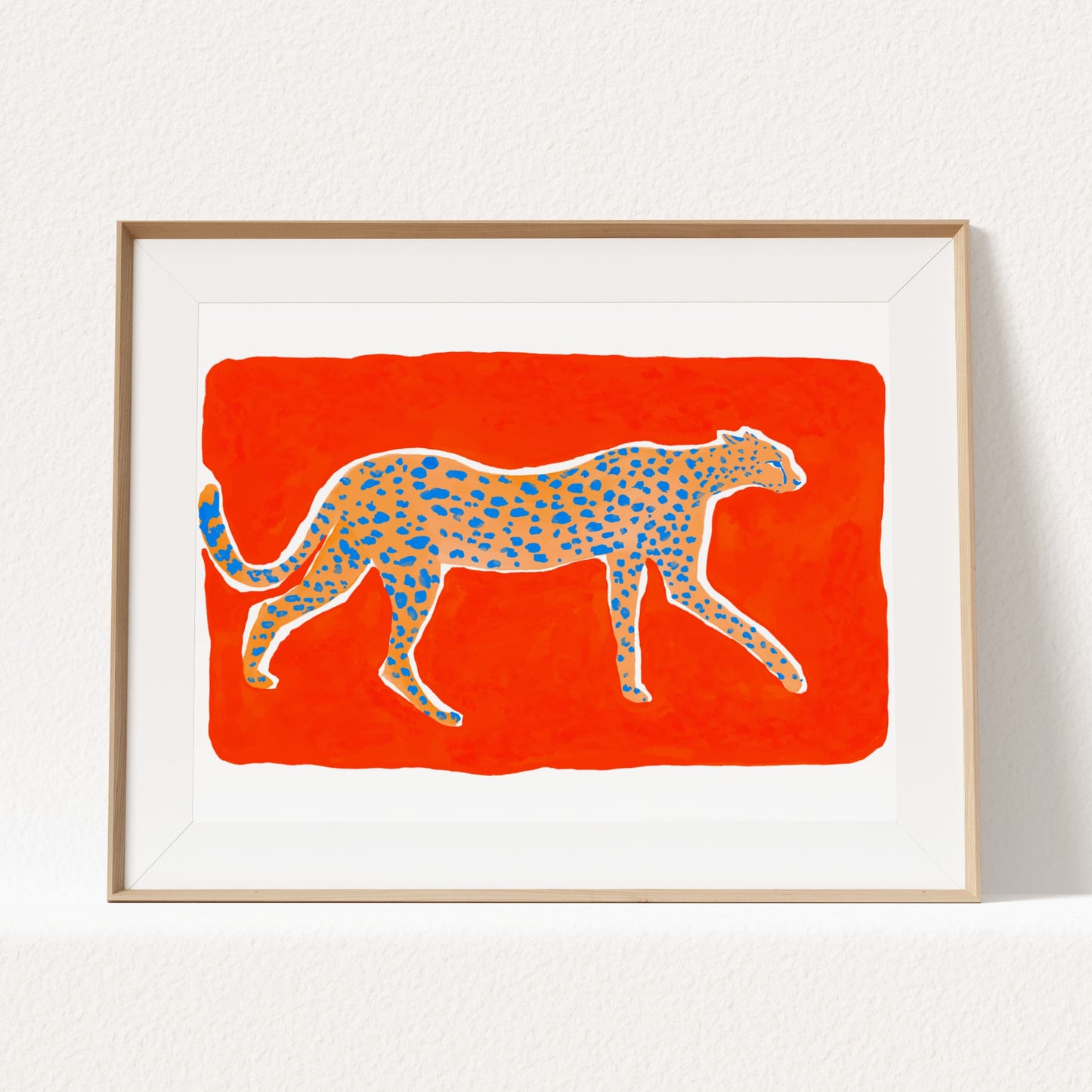 High quality giclée print of a gouache painting by watercolor artist Sun Lee. Features a cheetah walking in profile on a vermilion background. Aesthetic watercolor artwork combining elegance and bold simplicity.