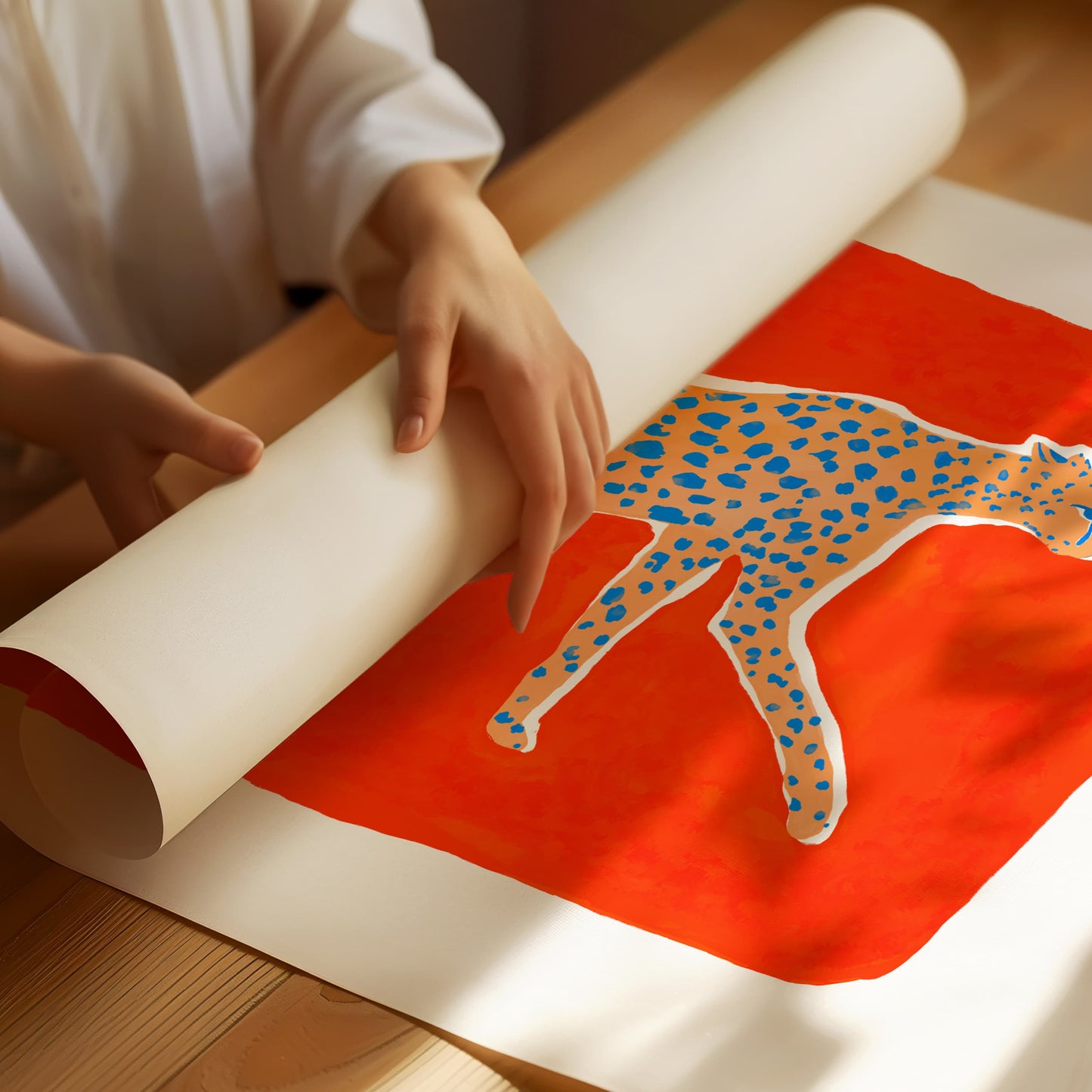 High quality giclée print of a gouache painting by watercolor artist Sun Lee. Features a cheetah walking in profile on a vermilion background. Aesthetic watercolor artwork combining elegance and bold simplicity.