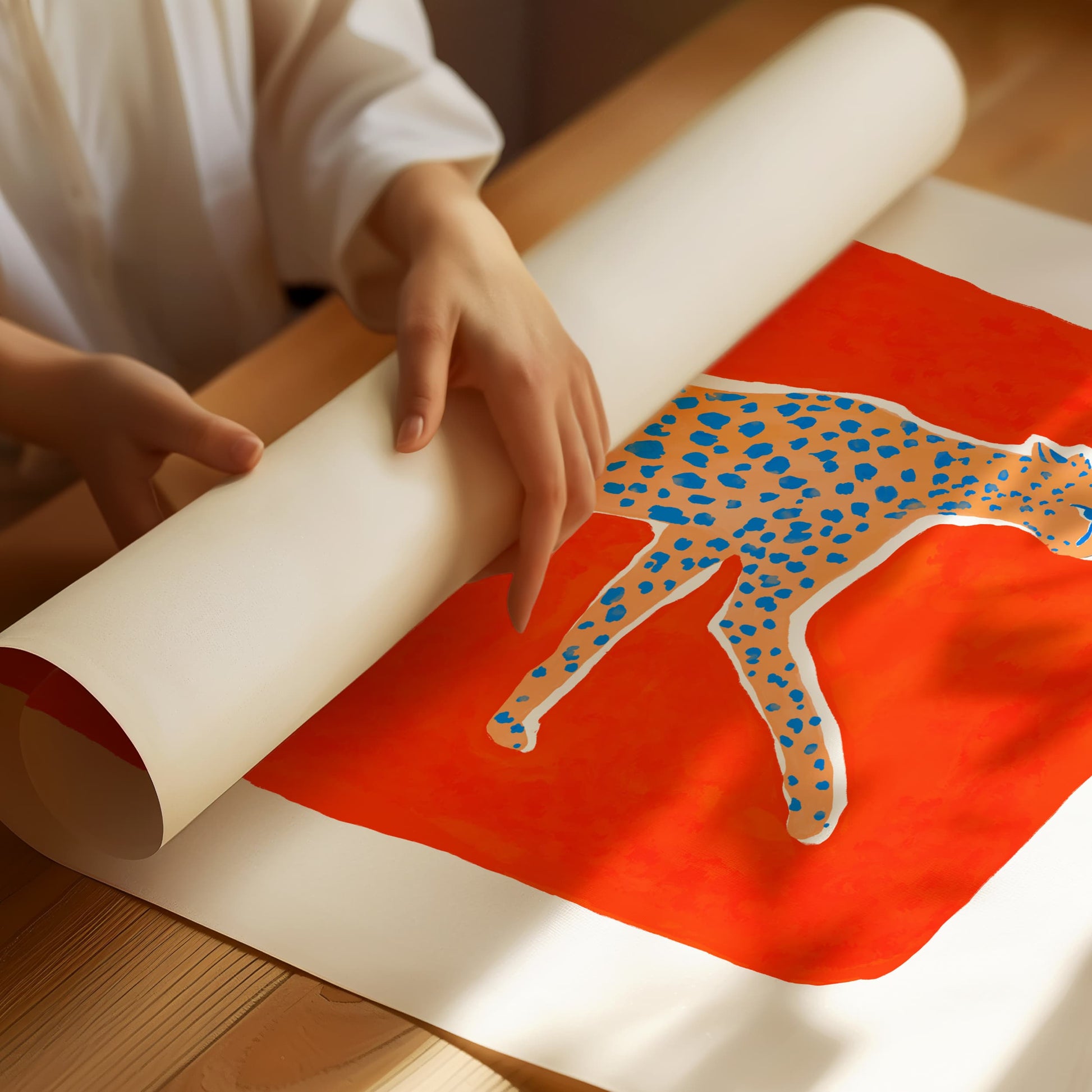 High quality giclée print of a gouache painting by watercolor artist Sun Lee. Features a cheetah walking in profile on a vermilion background. Aesthetic watercolor artwork combining elegance and bold simplicity.