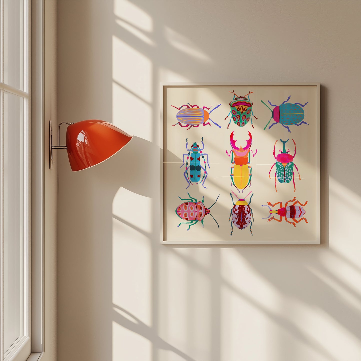Vibrant illustration of a collection of beetles inspired by the Science Museum in Minneapolis – colorful and intricate nature art print for modern home decor