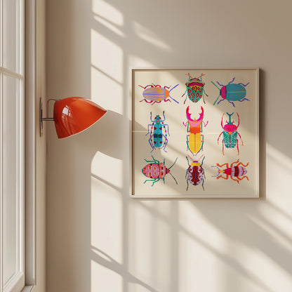 Vibrant illustration of a collection of beetles inspired by the Science Museum in Minneapolis – colorful and intricate nature art print for modern home decor