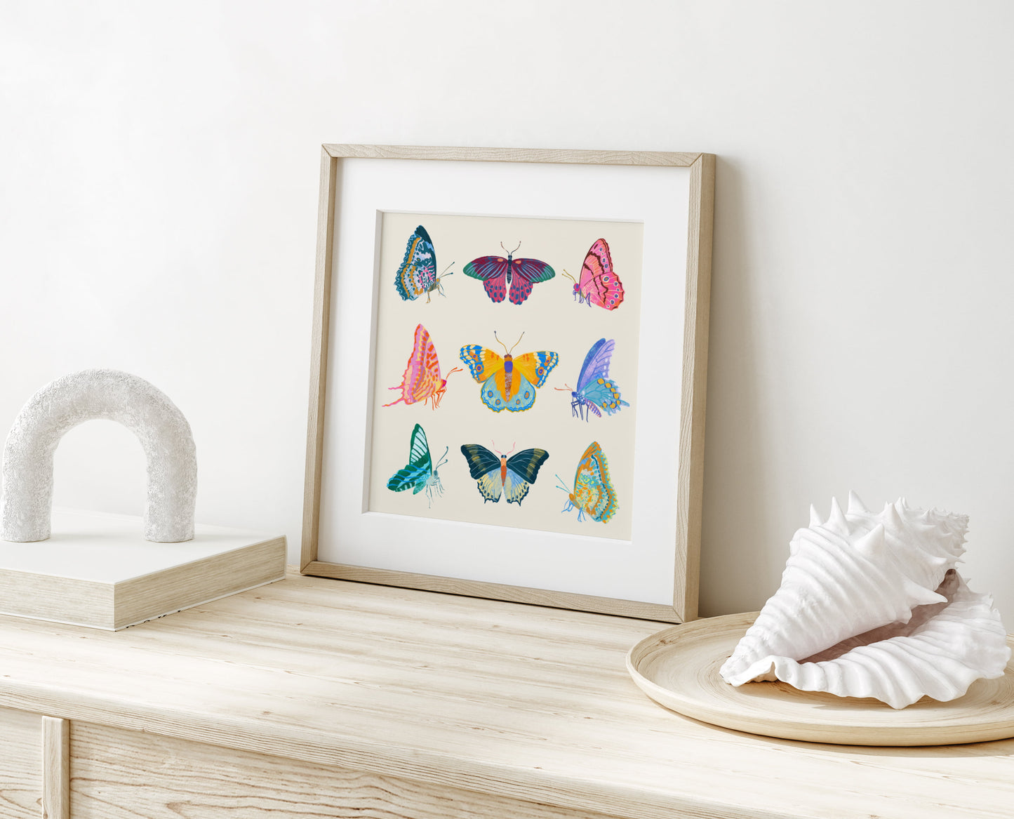 Illustration of a vibrant collection of butterflies inspired by tropical colors – lively and colorful nature art print for modern home decor