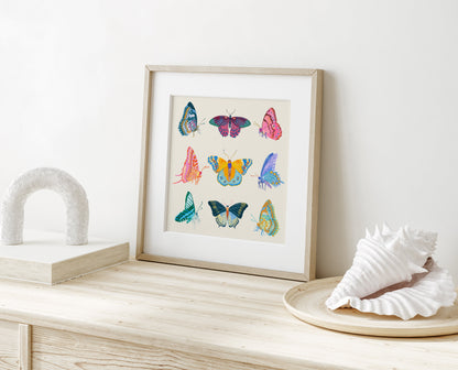Illustration of a vibrant collection of butterflies inspired by tropical colors – lively and colorful nature art print for modern home decor