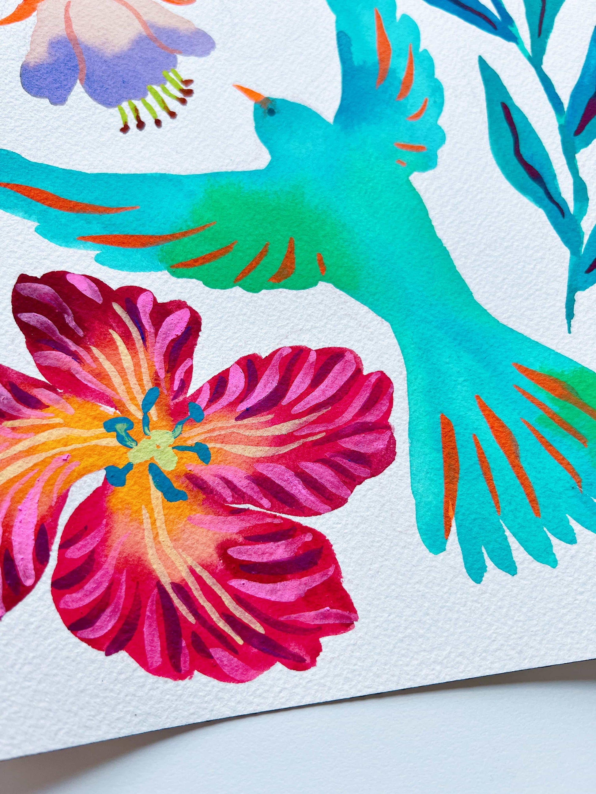 Original gouache, watercolor, and acrylic painting by Sun Lee from the 'Whispers of Spring' collection. This vibrant piece features a whimsical depiction of nature with bright flowers, butterflies, and birds, capturing the energy and beauty of spring. Perfect for nature lovers and those seeking aesthetic watercolor and gouache artwork, bringing joy and color to your space.