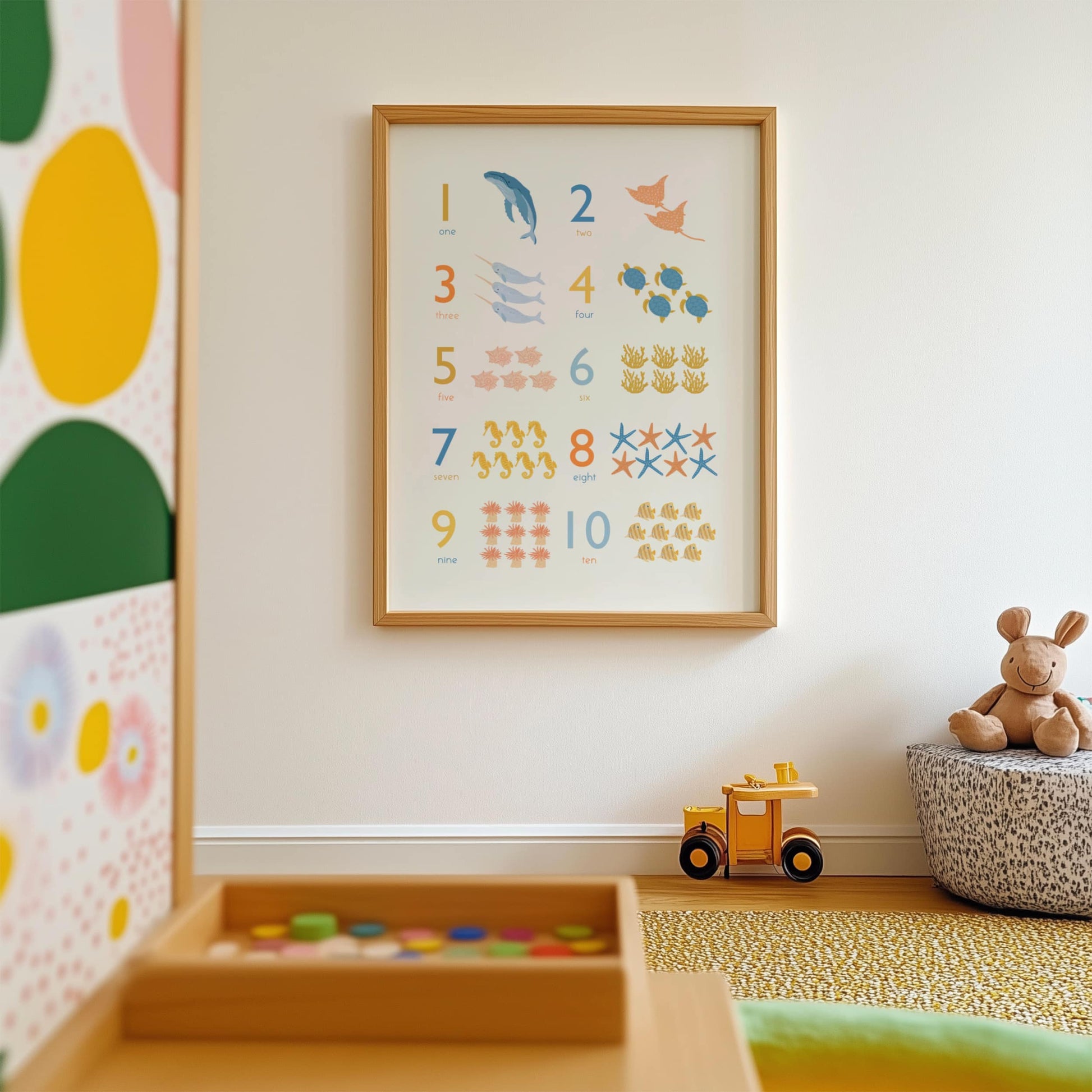 Engaging and educational art print featuring sea animals with corresponding numbers – fun and interactive counting illustration for kids' rooms, perfect for learning numbers